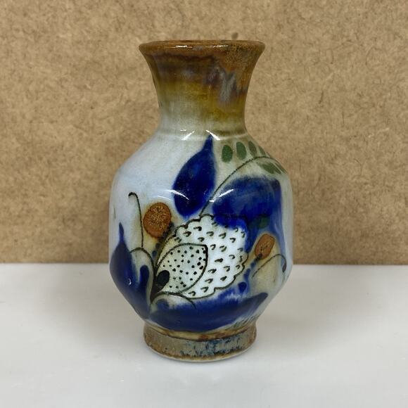 Tonala Bud Vase Small Vtg Signed Mateos Folk Art Mexico Floral - Picture 1 of 10